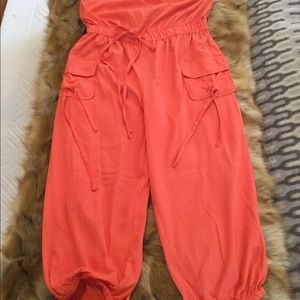 NWTCoral red washed silk cargo strapless jumpsuit